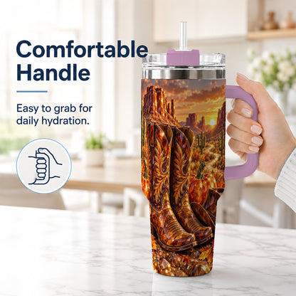 #pl[40oz|Pink] Western Cowboy Boots 40oz Tumbler with Handle, Desert Travel Cup