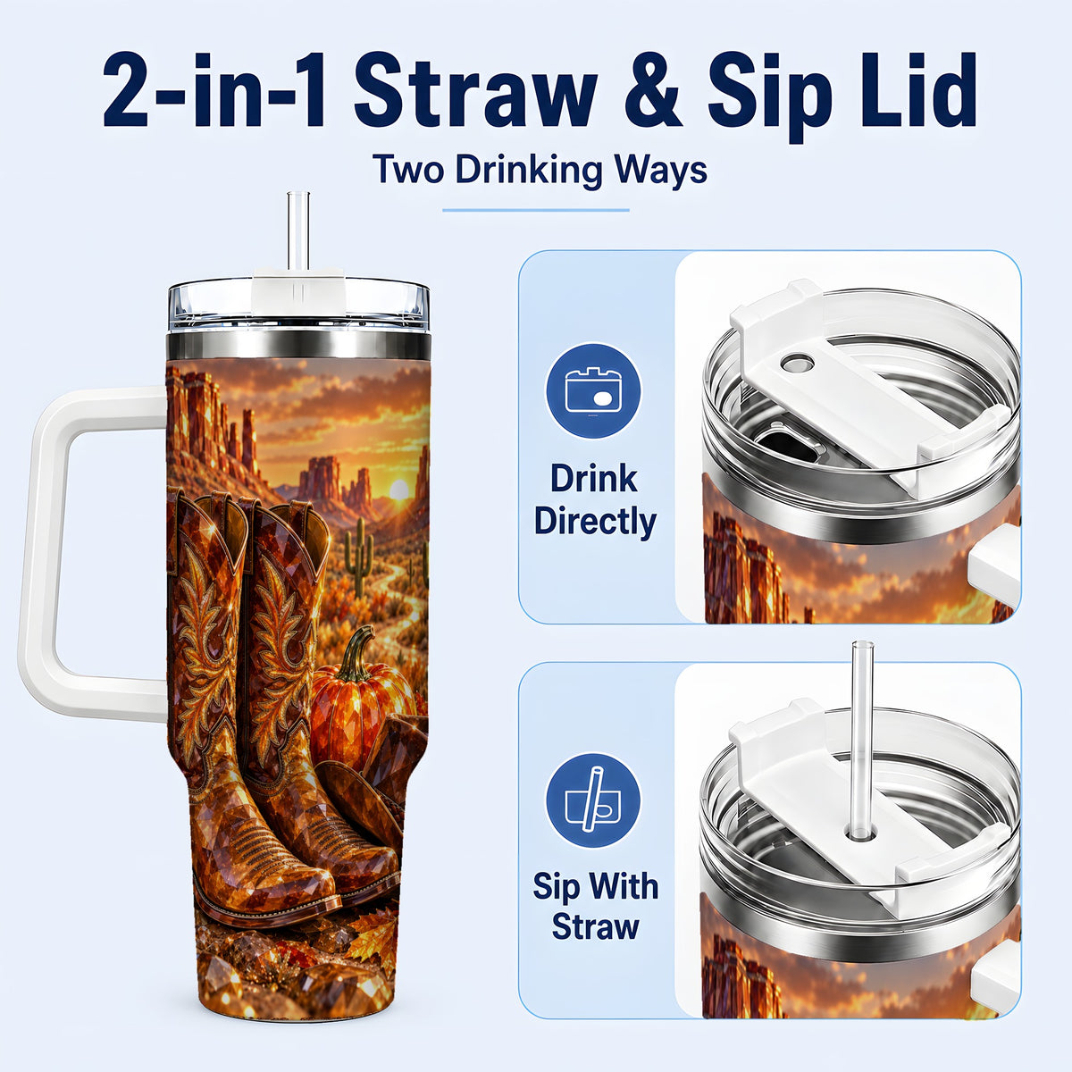 #pl[40oz|White] Western Cowboy Boots 40oz Tumbler with Handle, Desert Travel Cup