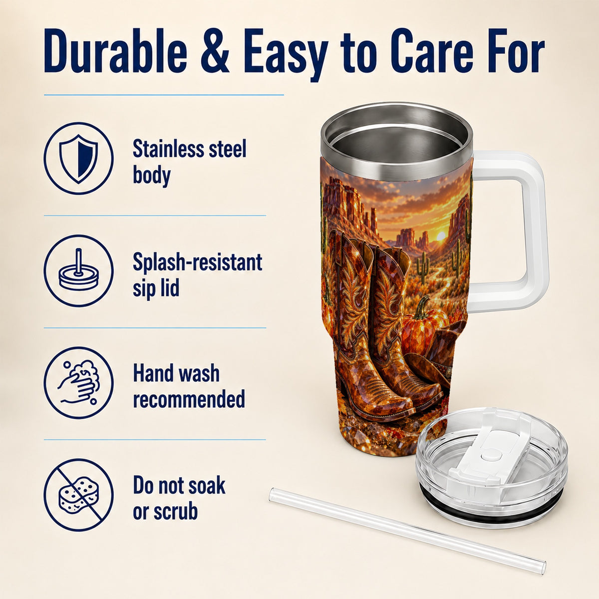 #pl[40oz|White] Western Cowboy Boots 40oz Tumbler with Handle, Desert Travel Cup