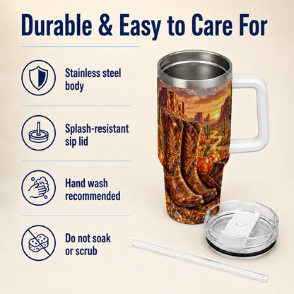 #pl[40oz|White] Western Cowboy Boots 40oz Tumbler with Handle, Desert Travel Cup