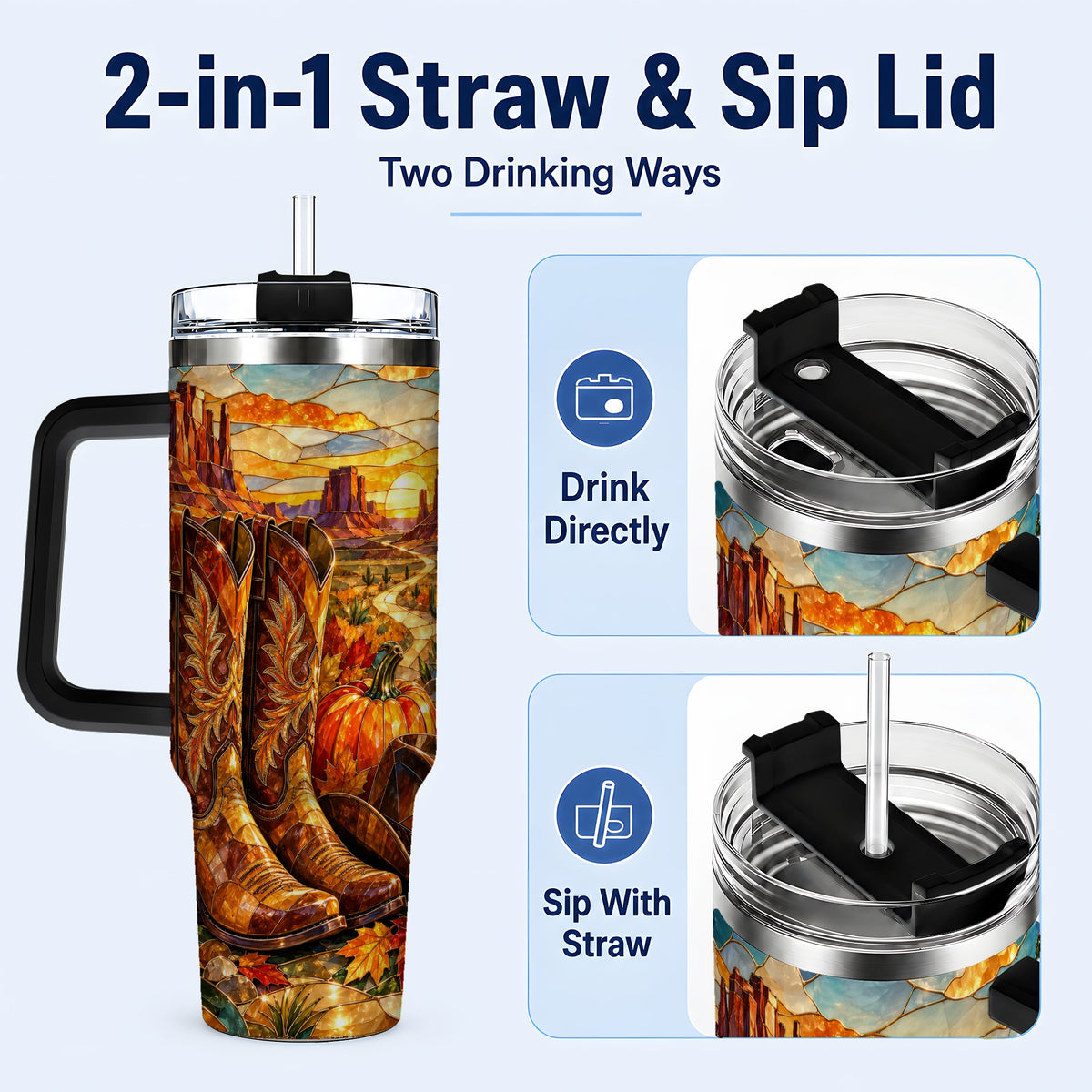 #pl[40oz|Black] Stained Glass Cowboy Boots 40oz Tumbler with Handle, Western Travel Cup