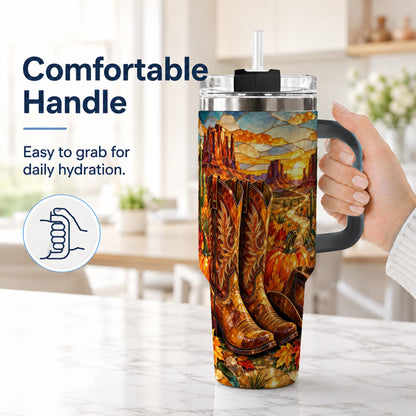 #pl[40oz|Black] Stained Glass Cowboy Boots 40oz Tumbler with Handle, Western Travel Cup