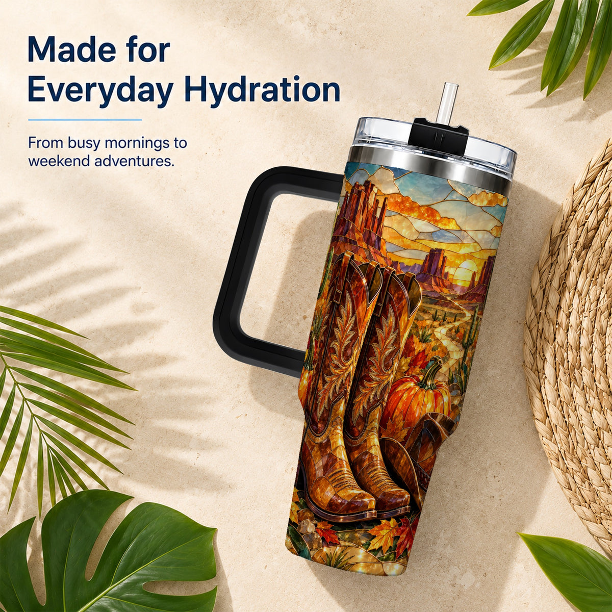 #pl[40oz|Black] Stained Glass Cowboy Boots 40oz Tumbler with Handle, Western Travel Cup