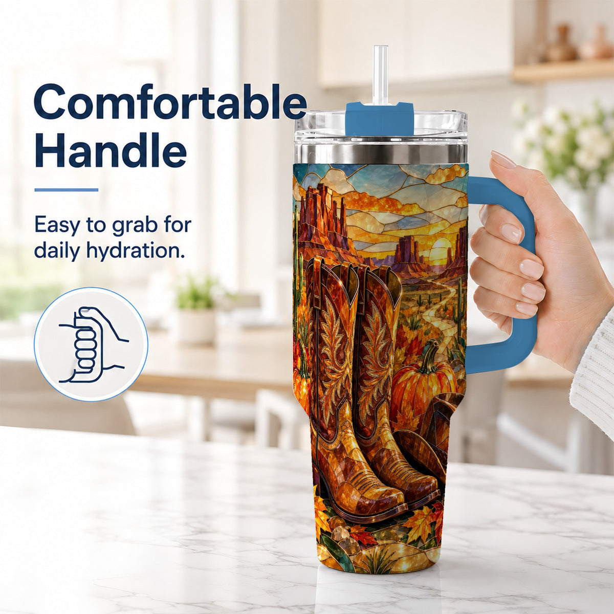 #pl[40oz|Blue] Stained Glass Cowboy Boots 40oz Tumbler with Handle, Western Travel Cup