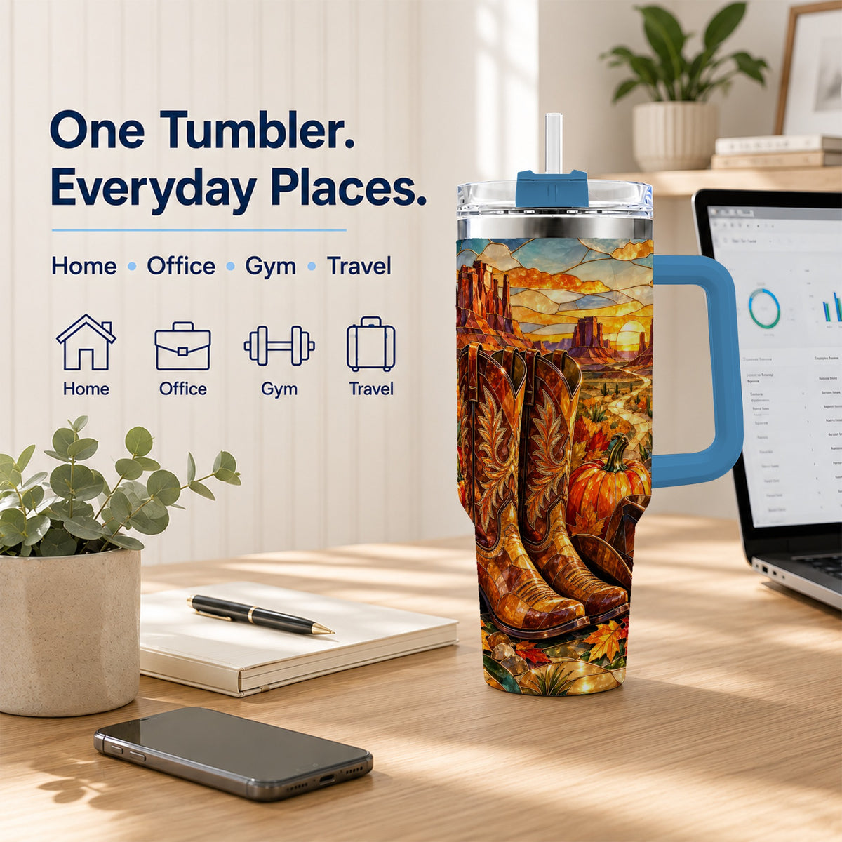 #pl[40oz|Blue] Stained Glass Cowboy Boots 40oz Tumbler with Handle, Western Travel Cup