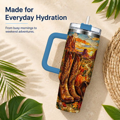 #pl[40oz|Blue] Stained Glass Cowboy Boots 40oz Tumbler with Handle, Western Travel Cup