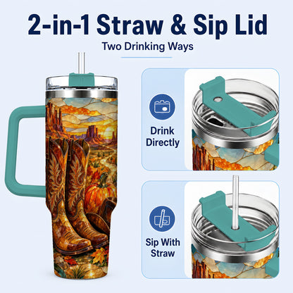 #pl[40oz|Green] Stained Glass Cowboy Boots 40oz Tumbler with Handle, Western Travel Cup