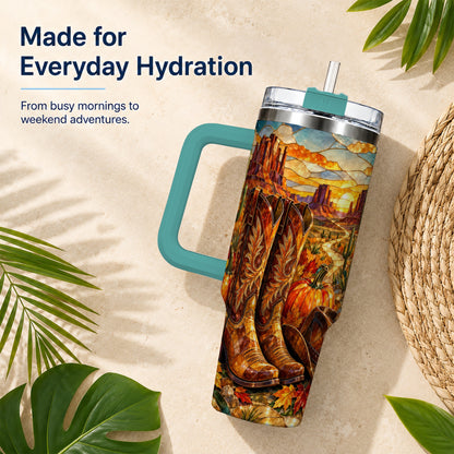 #pl[40oz|Green] Stained Glass Cowboy Boots 40oz Tumbler with Handle, Western Travel Cup