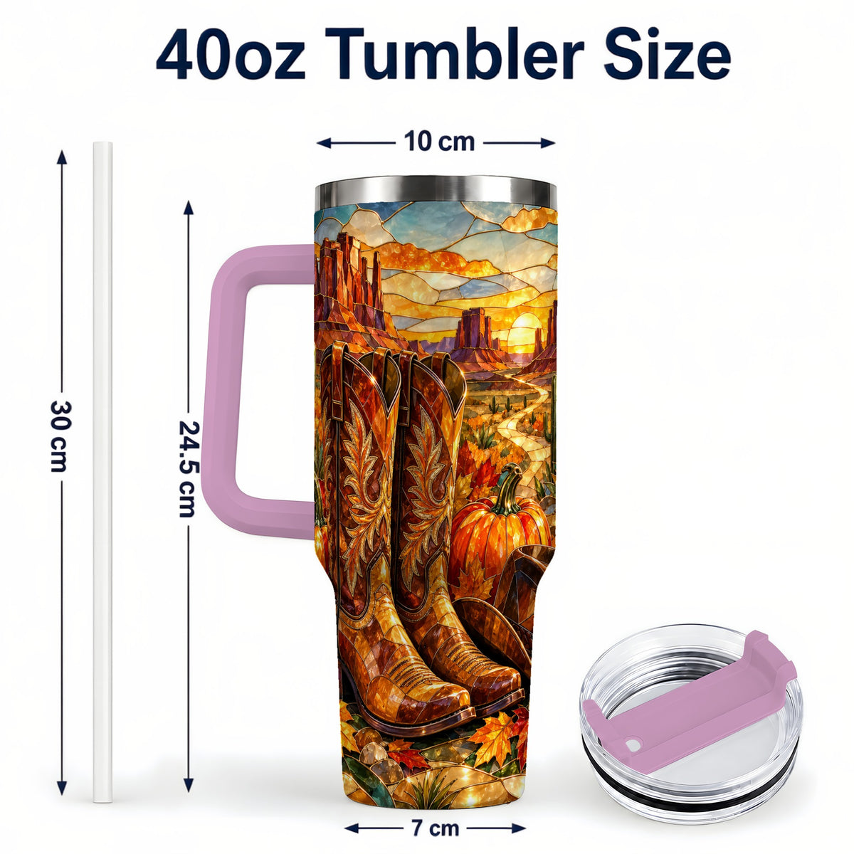 #pl[40oz|Pink] Stained Glass Cowboy Boots 40oz Tumbler with Handle, Western Travel Cup