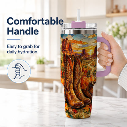 #pl[40oz|Pink] Stained Glass Cowboy Boots 40oz Tumbler with Handle, Western Travel Cup