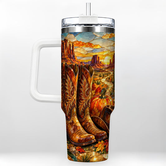 Stained Glass Cowboy Boots 40oz Tumbler with Handle, Western Travel Cup
