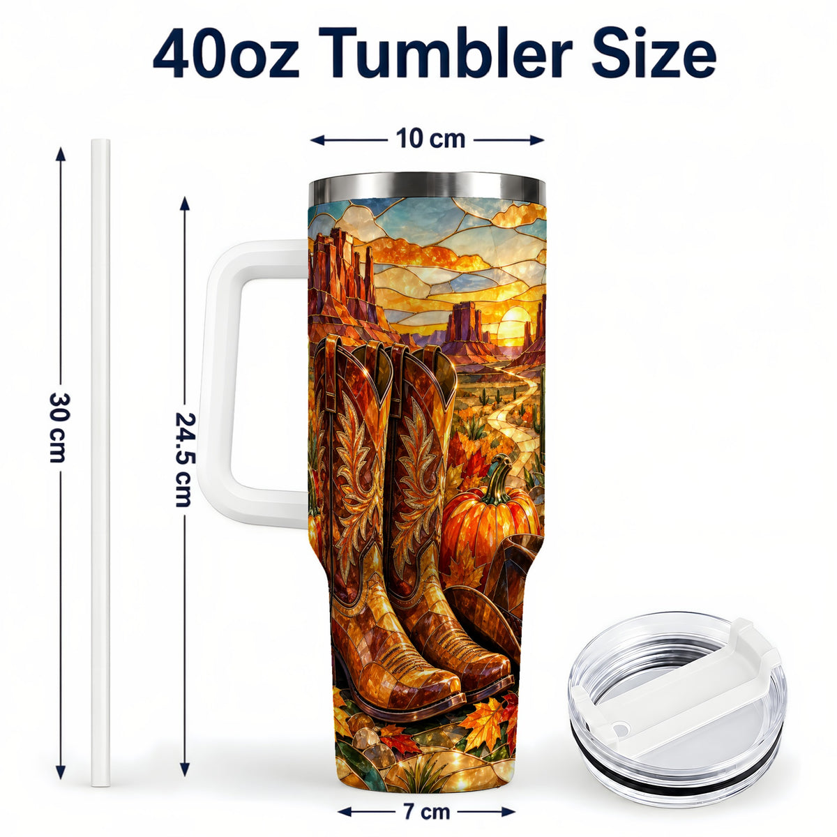 #pl[40oz|White] Stained Glass Cowboy Boots 40oz Tumbler with Handle, Western Travel Cup