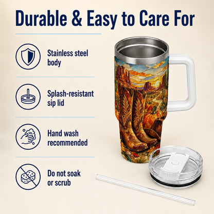 #pl[40oz|White] Stained Glass Cowboy Boots 40oz Tumbler with Handle, Western Travel Cup