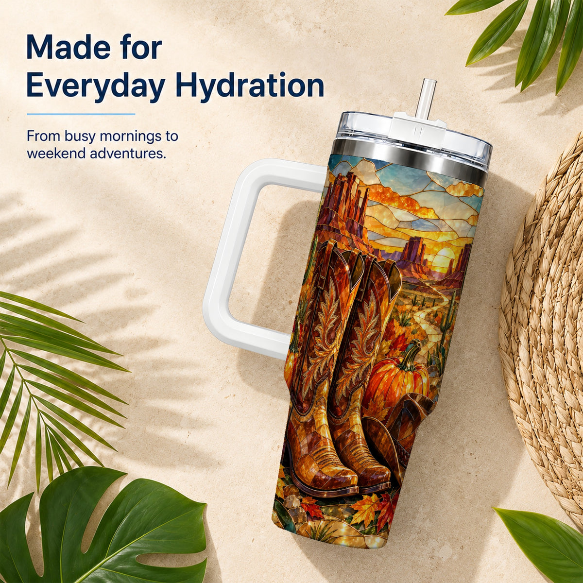 #pl[40oz|White] Stained Glass Cowboy Boots 40oz Tumbler with Handle, Western Travel Cup