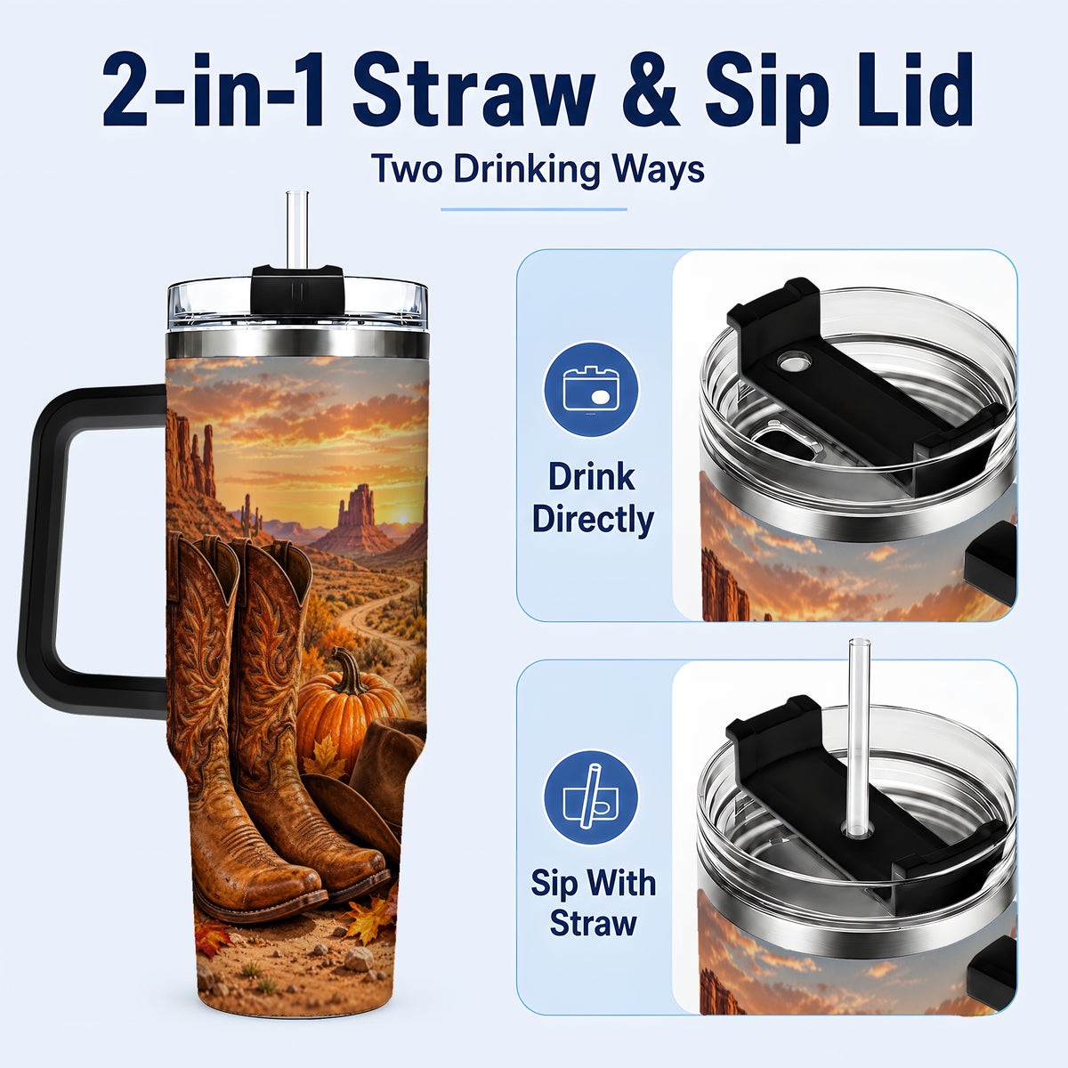 #pl[40oz|Black] Western Autumn 40oz Tumbler with Handle, Cowboy Boots Travel Cup