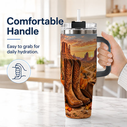 #pl[40oz|Black] Western Autumn 40oz Tumbler with Handle, Cowboy Boots Travel Cup