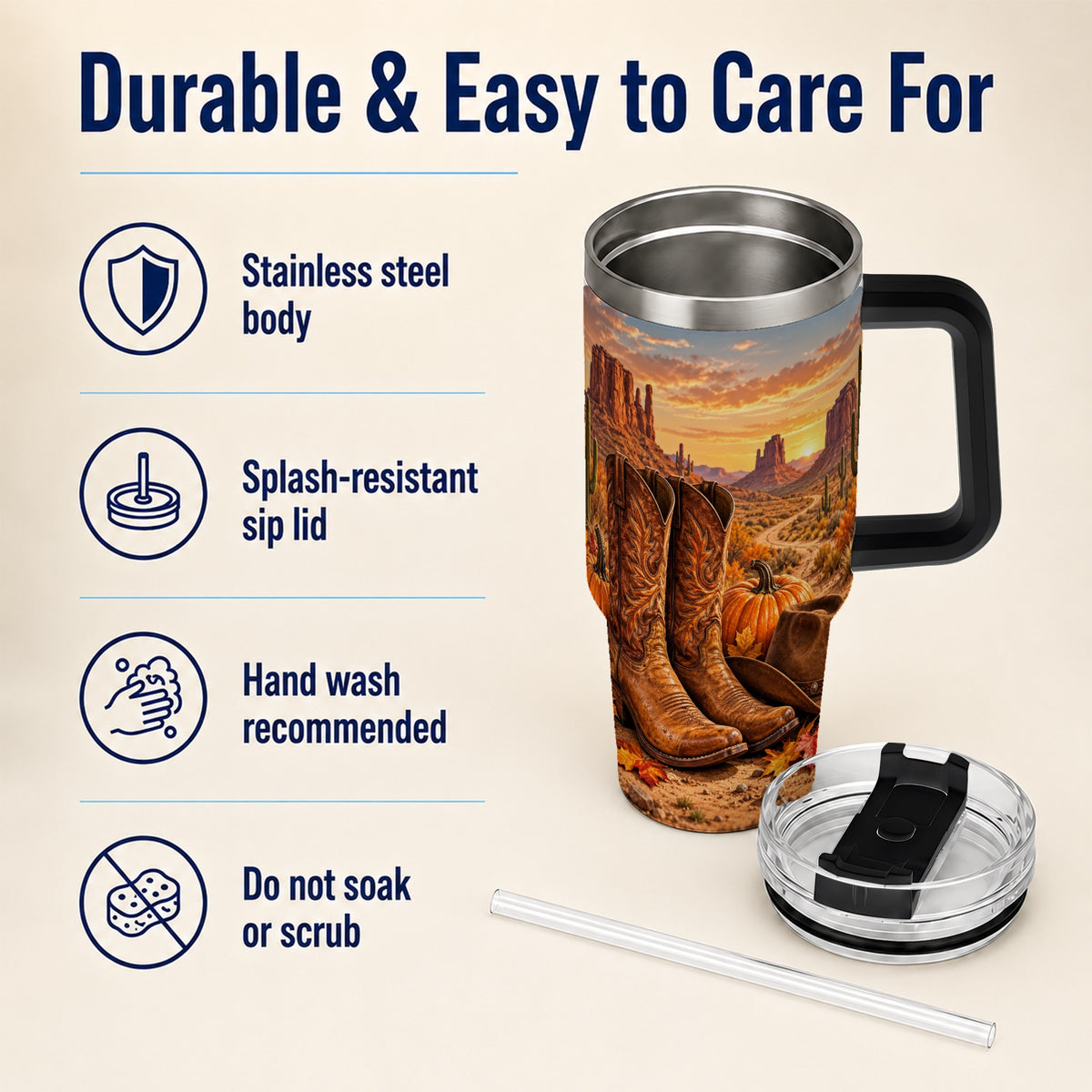 #pl[40oz|Black] Western Autumn 40oz Tumbler with Handle, Cowboy Boots Travel Cup