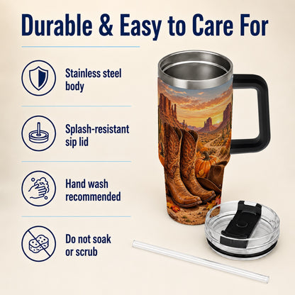 #pl[40oz|Black] Western Autumn 40oz Tumbler with Handle, Cowboy Boots Travel Cup