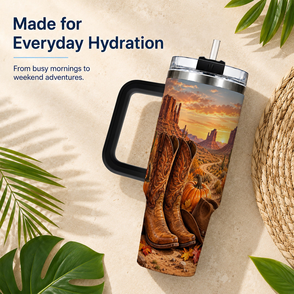 #pl[40oz|Black] Western Autumn 40oz Tumbler with Handle, Cowboy Boots Travel Cup