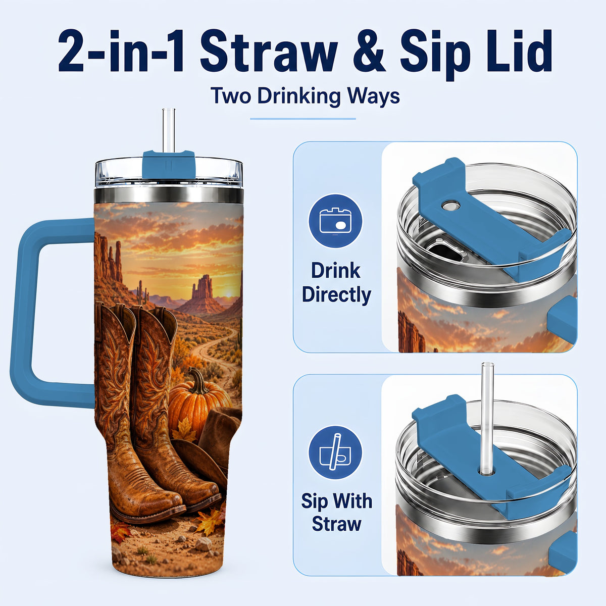 #pl[40oz|Blue] Western Autumn 40oz Tumbler with Handle, Cowboy Boots Travel Cup