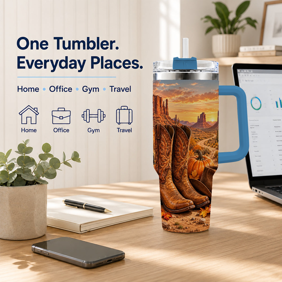 #pl[40oz|Blue] Western Autumn 40oz Tumbler with Handle, Cowboy Boots Travel Cup