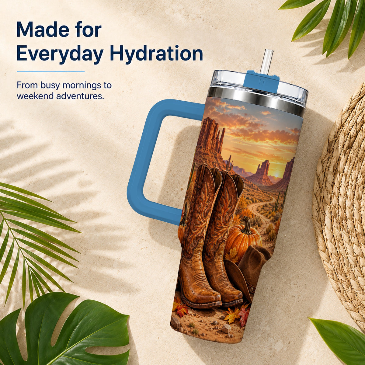 #pl[40oz|Blue] Western Autumn 40oz Tumbler with Handle, Cowboy Boots Travel Cup