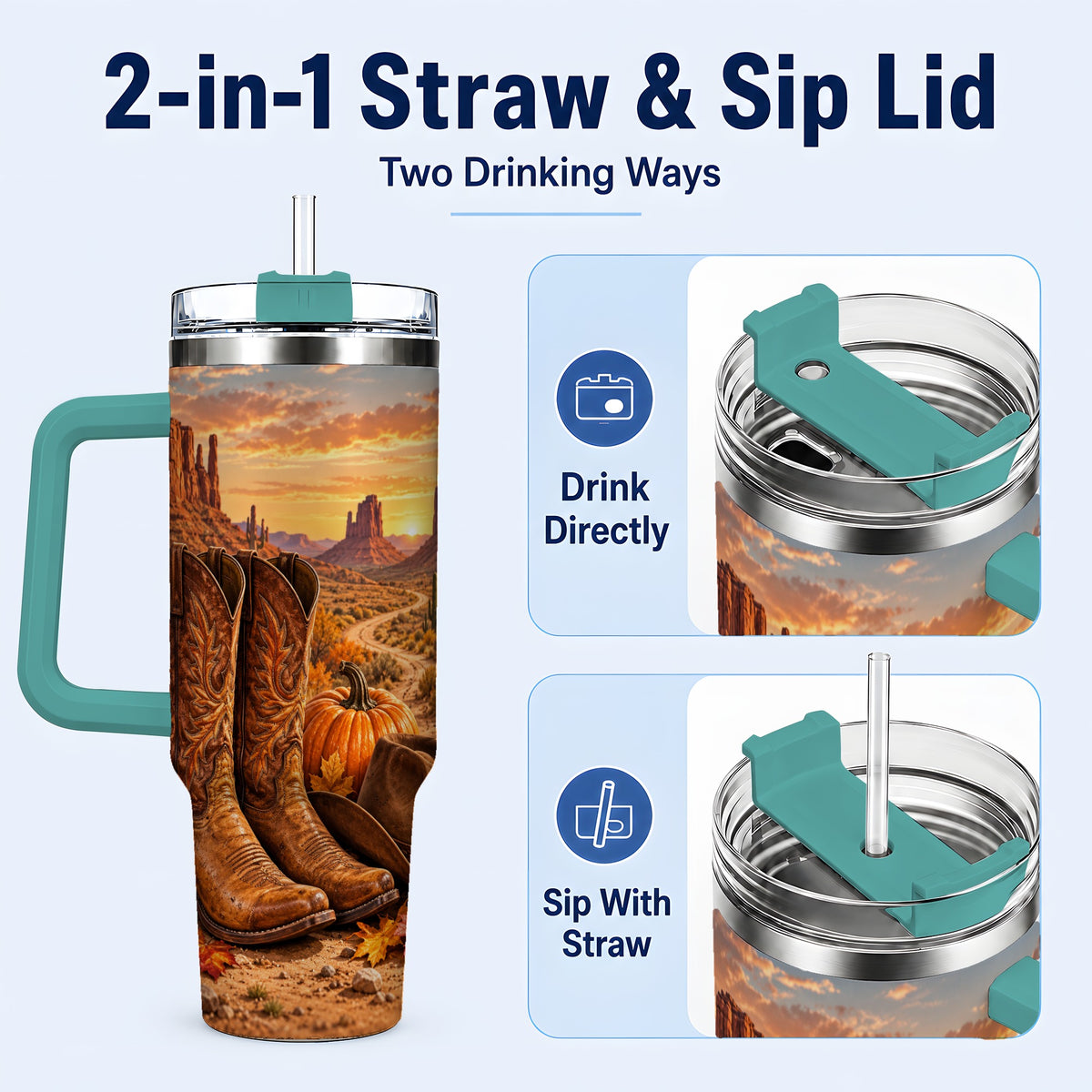 #pl[40oz|Green] Western Autumn 40oz Tumbler with Handle, Cowboy Boots Travel Cup
