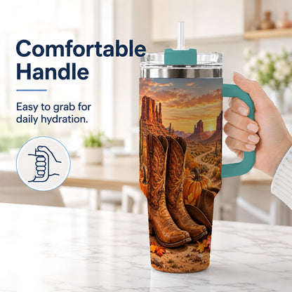 #pl[40oz|Green] Western Autumn 40oz Tumbler with Handle, Cowboy Boots Travel Cup