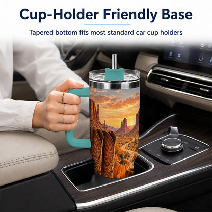 #pl[40oz|Green] Western Autumn 40oz Tumbler with Handle, Cowboy Boots Travel Cup
