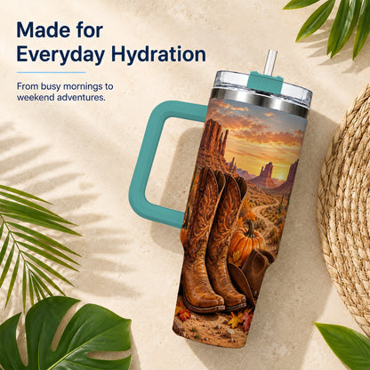 #pl[40oz|Green] Western Autumn 40oz Tumbler with Handle, Cowboy Boots Travel Cup