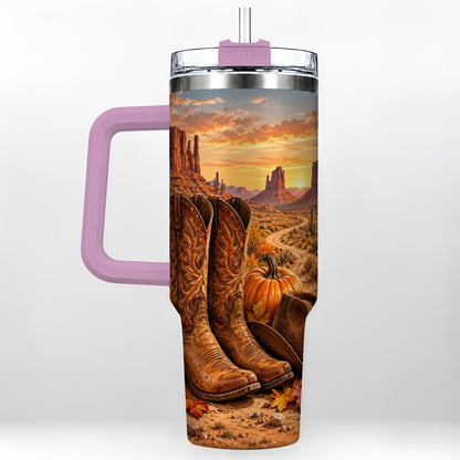 #pl[40oz|Pink] Western Autumn 40oz Tumbler with Handle, Cowboy Boots Travel Cup