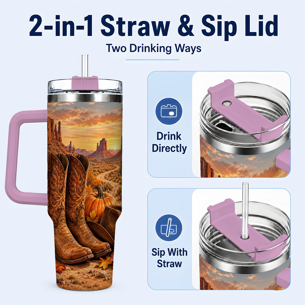 #pl[40oz|Pink] Western Autumn 40oz Tumbler with Handle, Cowboy Boots Travel Cup