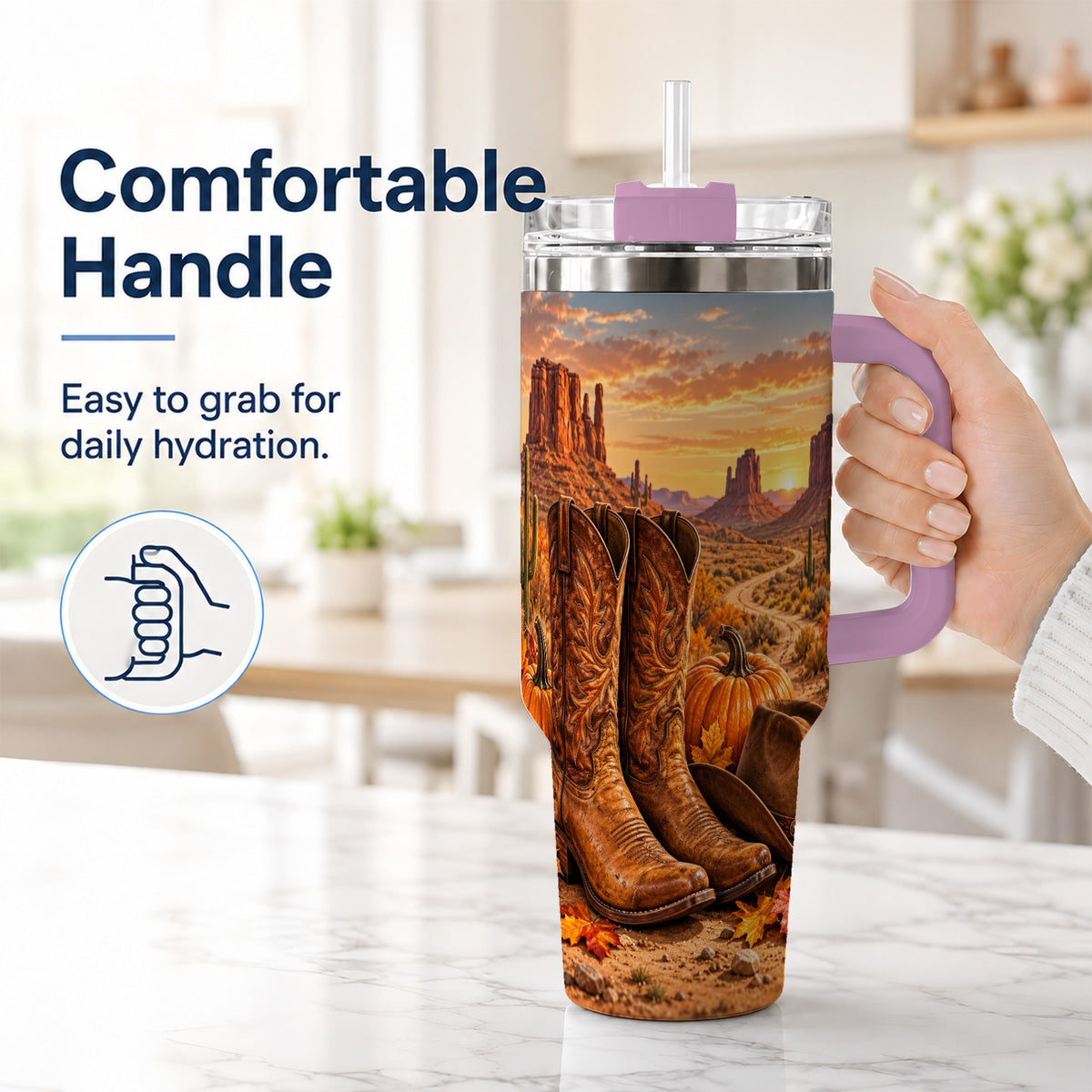#pl[40oz|Pink] Western Autumn 40oz Tumbler with Handle, Cowboy Boots Travel Cup