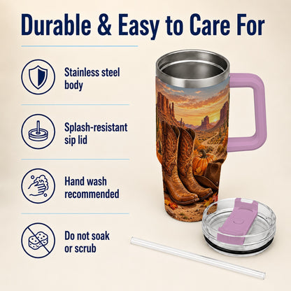 #pl[40oz|Pink] Western Autumn 40oz Tumbler with Handle, Cowboy Boots Travel Cup