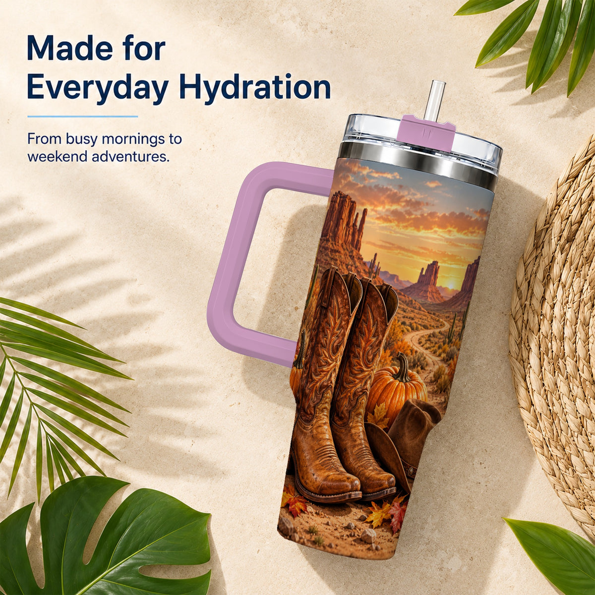 #pl[40oz|Pink] Western Autumn 40oz Tumbler with Handle, Cowboy Boots Travel Cup