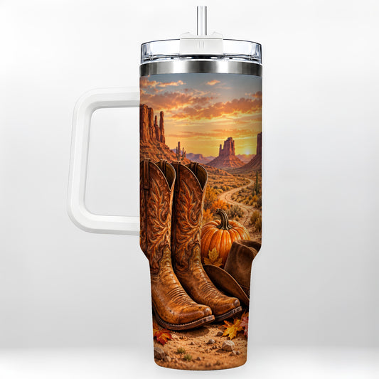 Western Autumn 40oz Tumbler with Handle, Cowboy Boots Travel Cup