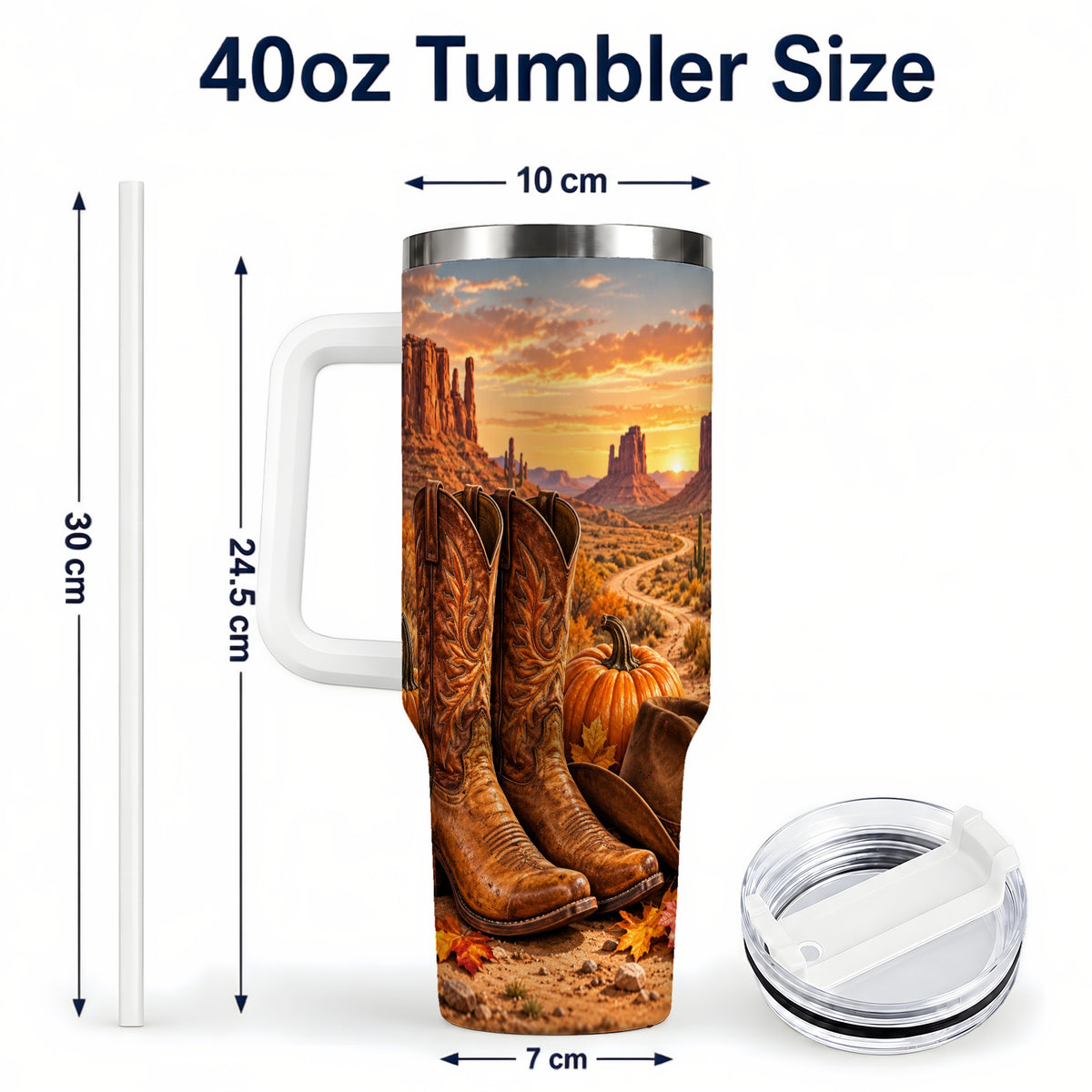 #pl[40oz|White] Western Autumn 40oz Tumbler with Handle, Cowboy Boots Travel Cup