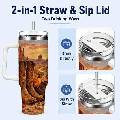 #pl[40oz|White] Western Autumn 40oz Tumbler with Handle, Cowboy Boots Travel Cup