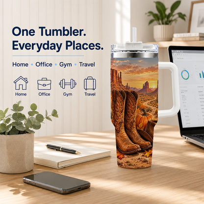 #pl[40oz|White] Western Autumn 40oz Tumbler with Handle, Cowboy Boots Travel Cup