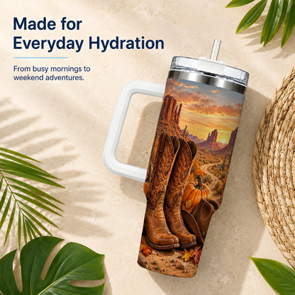 #pl[40oz|White] Western Autumn 40oz Tumbler with Handle, Cowboy Boots Travel Cup