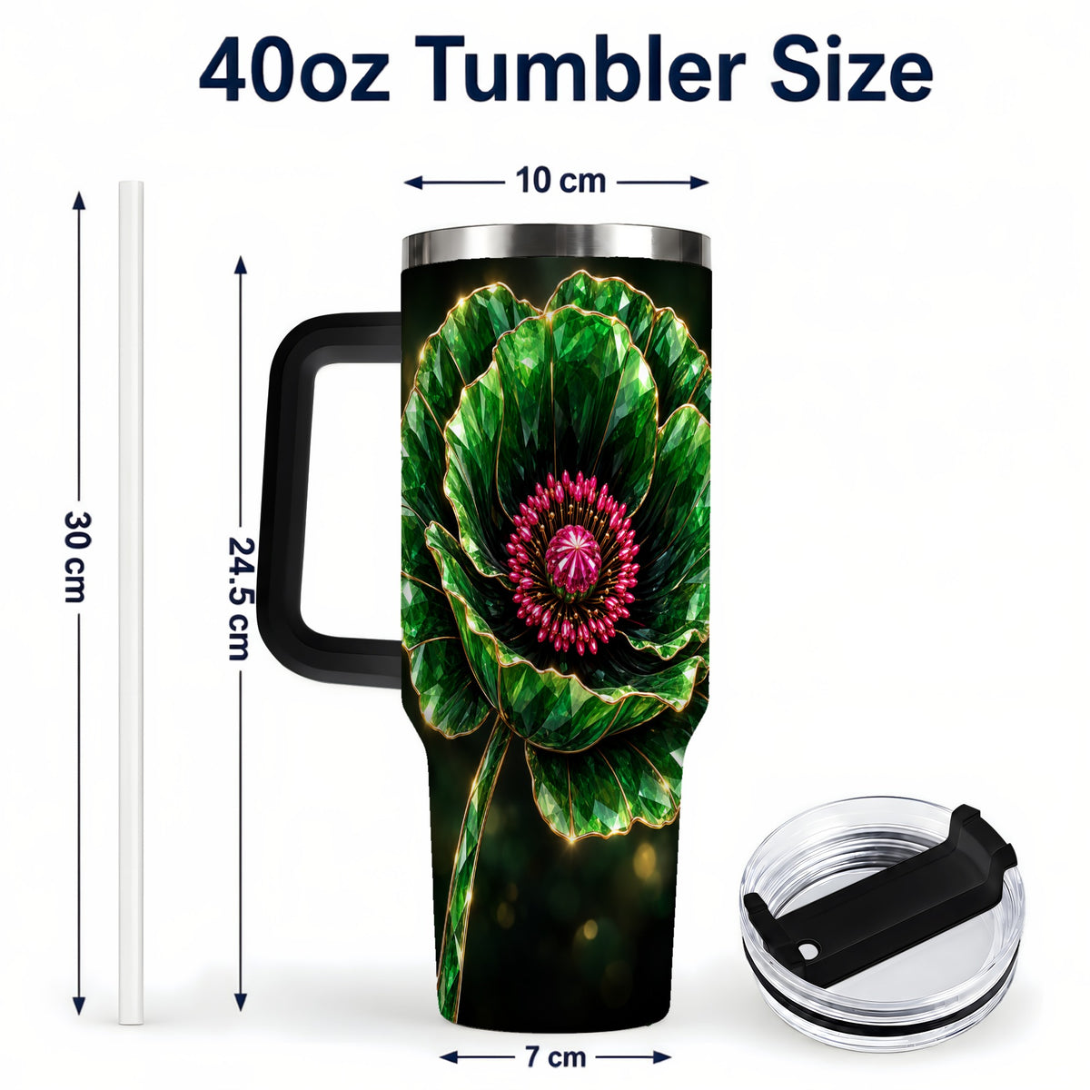 #pl[40oz|Black] Emerald Floral 40oz Tumbler with Handle, Gemstone Style Travel Cup