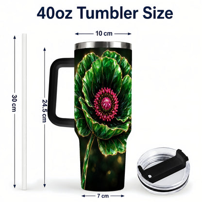 #pl[40oz|Black] Emerald Floral 40oz Tumbler with Handle, Gemstone Style Travel Cup