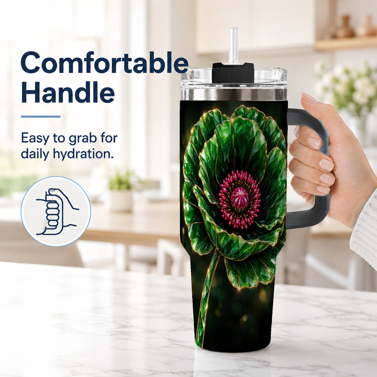 #pl[40oz|Black] Emerald Floral 40oz Tumbler with Handle, Gemstone Style Travel Cup