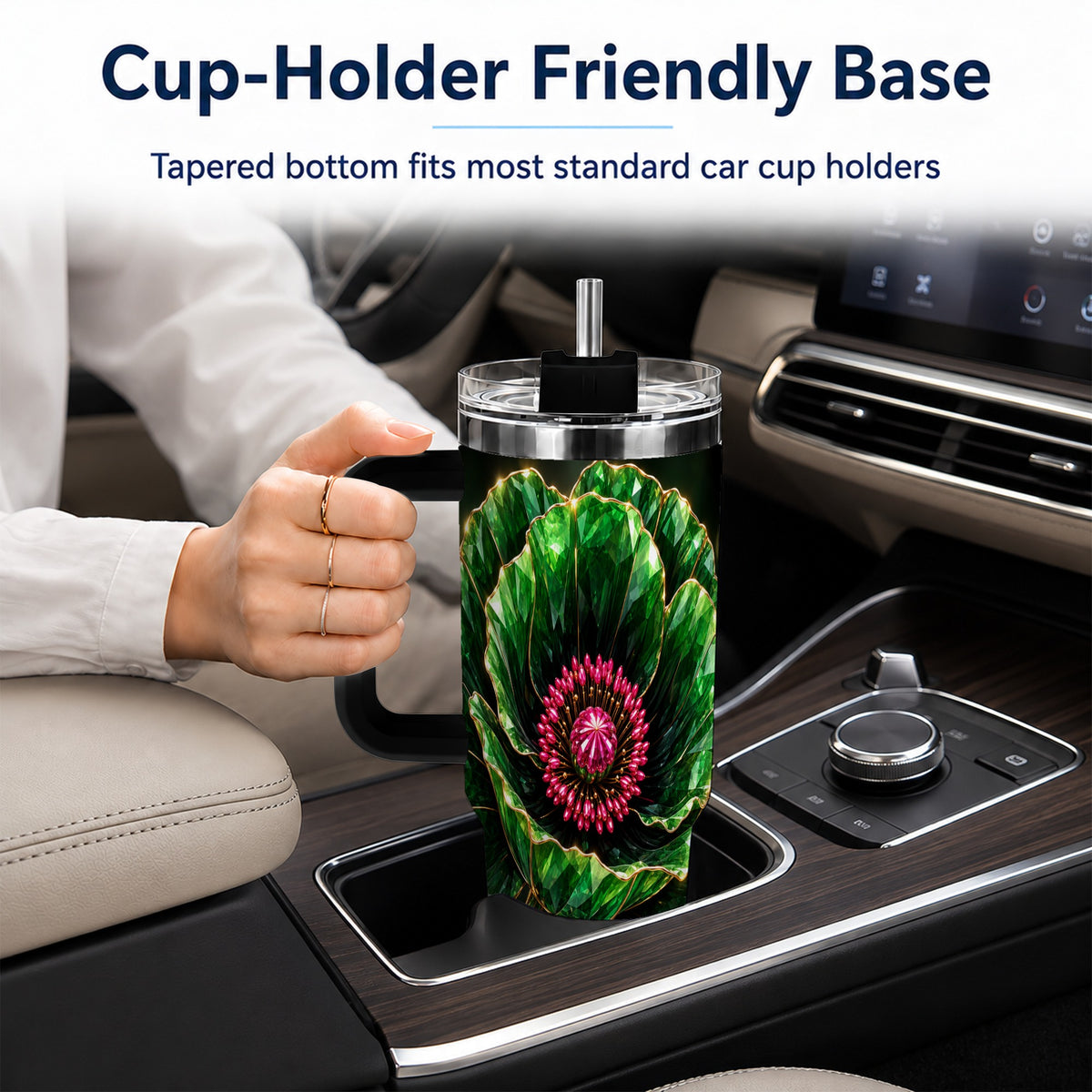#pl[40oz|Black] Emerald Floral 40oz Tumbler with Handle, Gemstone Style Travel Cup