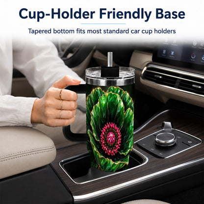 #pl[40oz|Black] Emerald Floral 40oz Tumbler with Handle, Gemstone Style Travel Cup