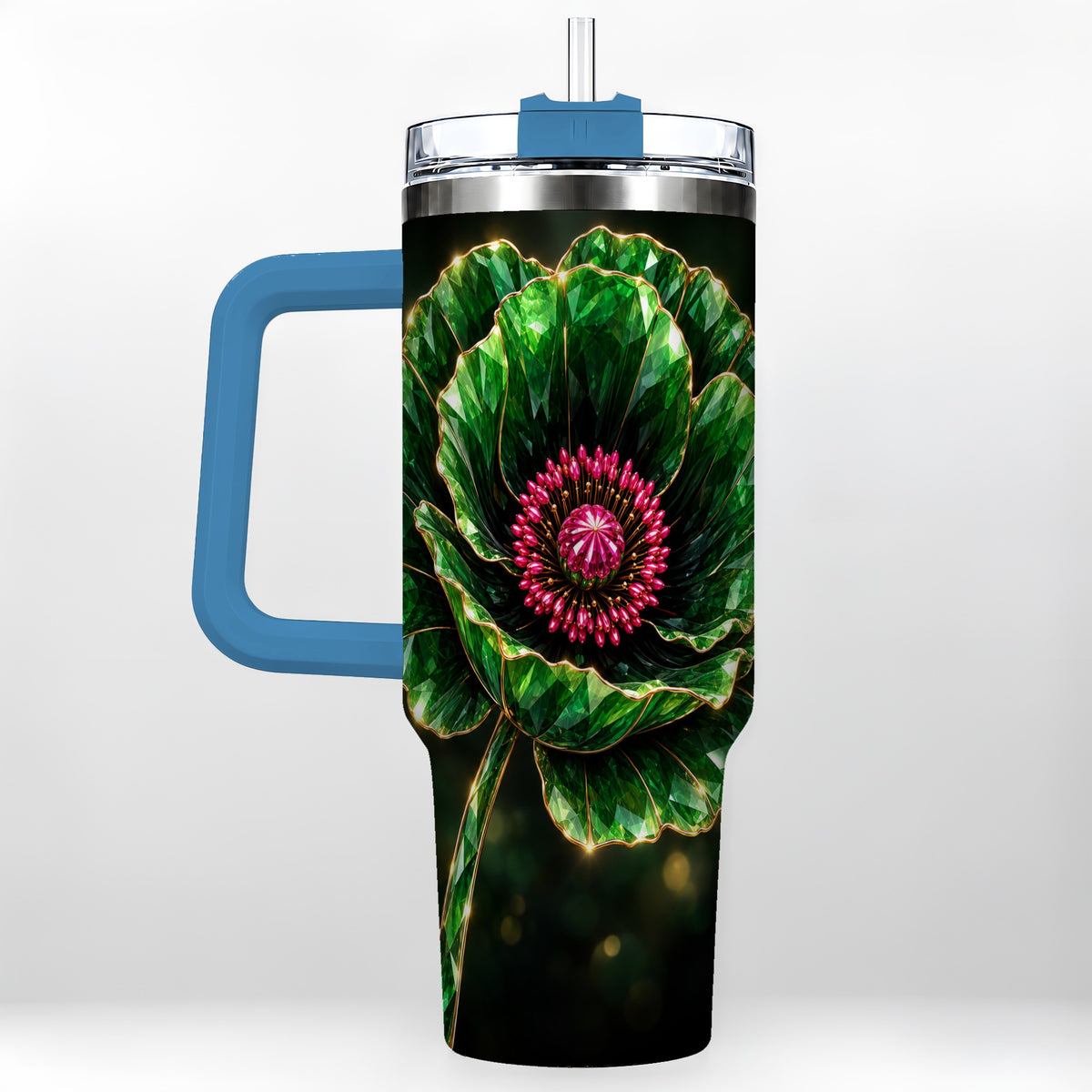 #pl[40oz|Blue] Emerald Floral 40oz Tumbler with Handle, Gemstone Style Travel Cup