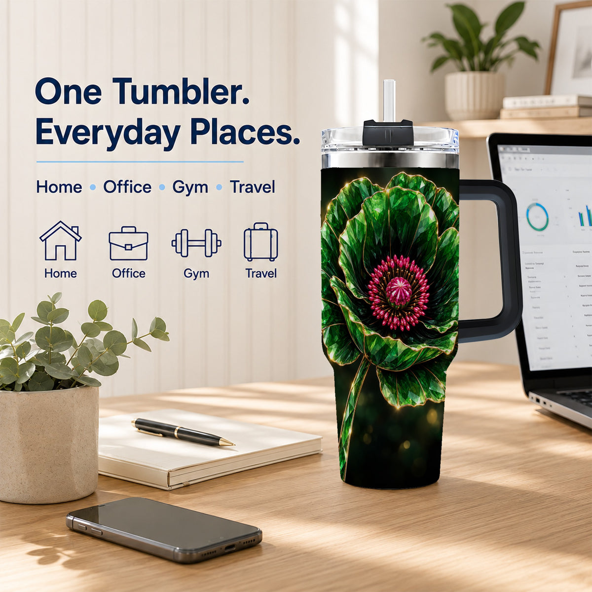 #pl[40oz|Black] Emerald Floral 40oz Tumbler with Handle, Gemstone Style Travel Cup