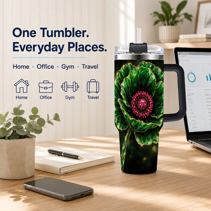 #pl[40oz|Black] Emerald Floral 40oz Tumbler with Handle, Gemstone Style Travel Cup