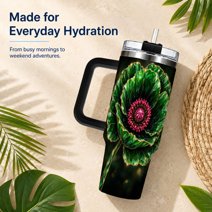 #pl[40oz|Black] Emerald Floral 40oz Tumbler with Handle, Gemstone Style Travel Cup