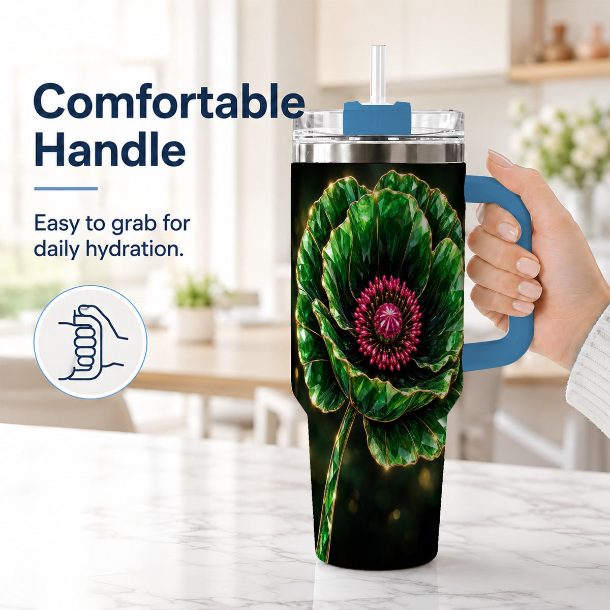 #pl[40oz|Blue] Emerald Floral 40oz Tumbler with Handle, Gemstone Style Travel Cup